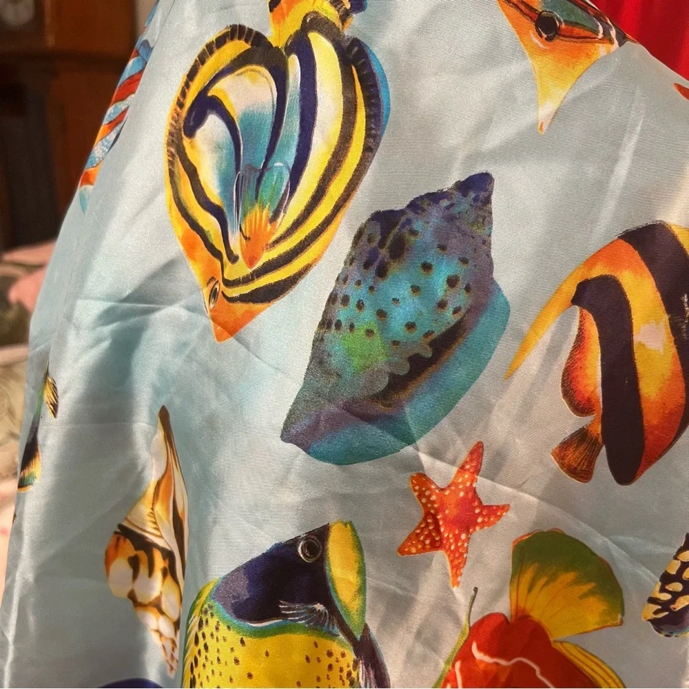 100% Silk Colorful Fish Print Vintage Scarf - Picture 6 of 9